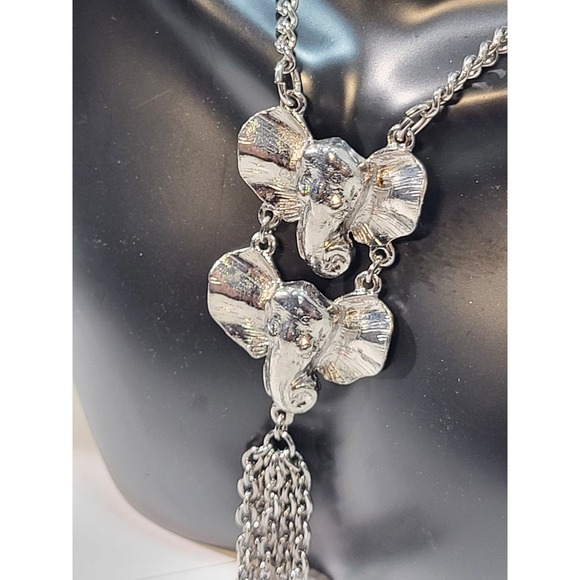 Double Elephant Head Pendant Opera Length Lariat Silver plate Necklace w Tassel - Picture 4 of 6